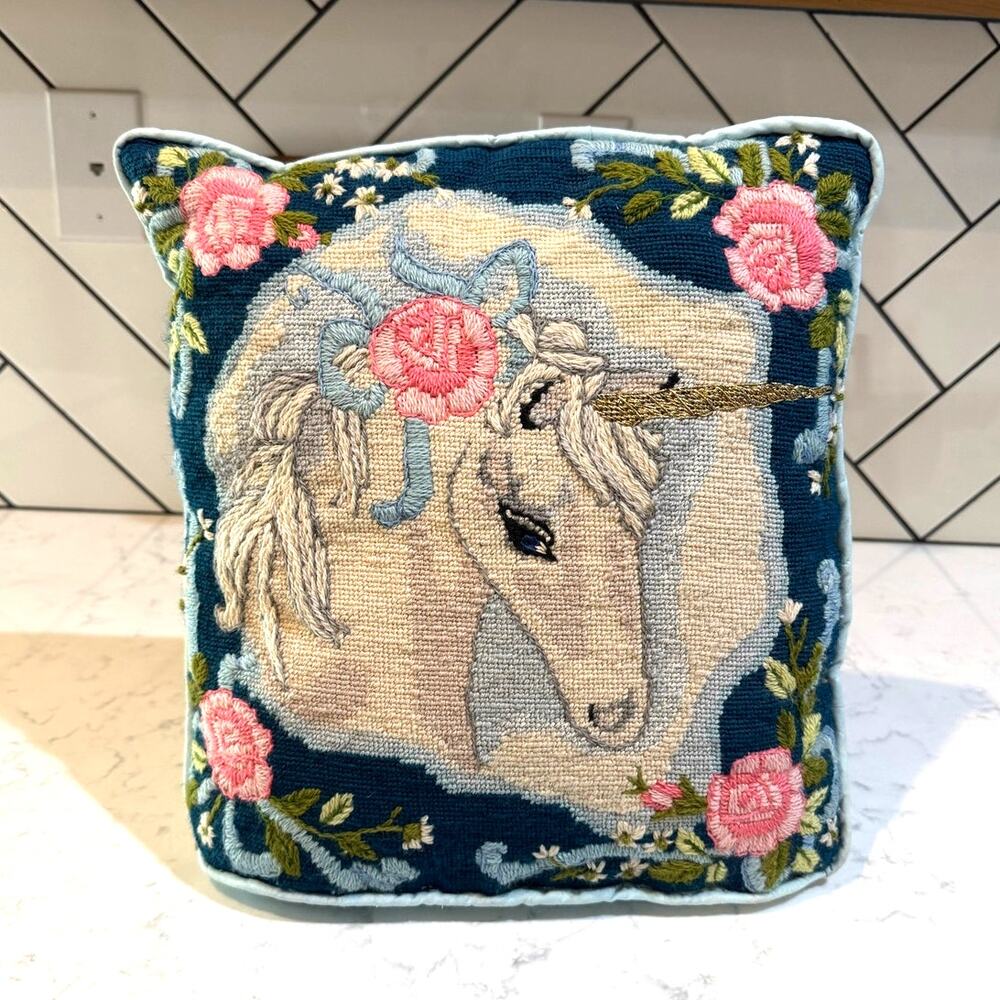 vintage needlepoint throw pillow unicorn pink roses Candamar Designs magical
